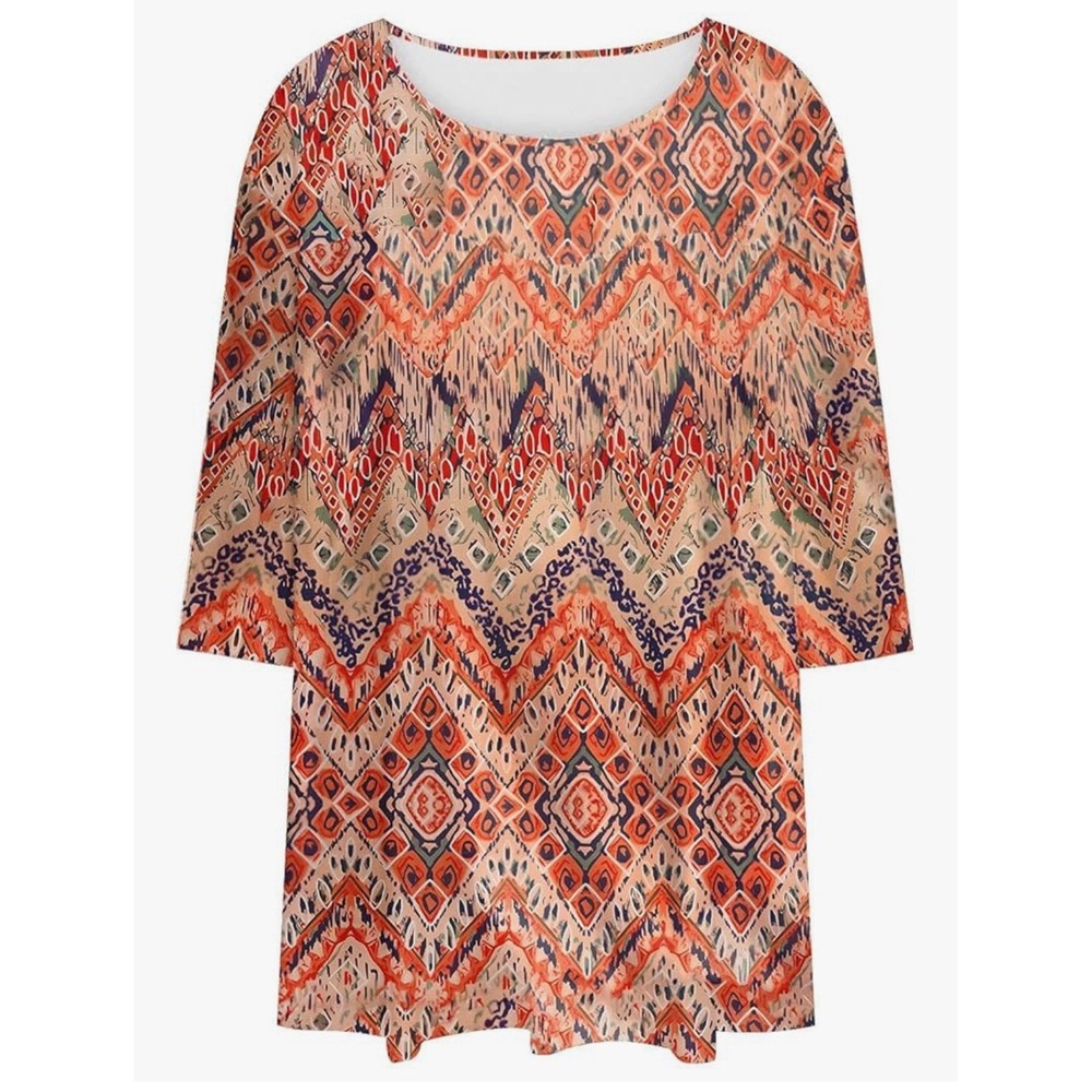 Womens Orange Ikat Geometric Print Tunic‎ Top 3/4 Sleeve Scoop Neck Boho Medium